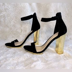✨ NWOT Black Suede + Metallic Gold Block Heels ✨